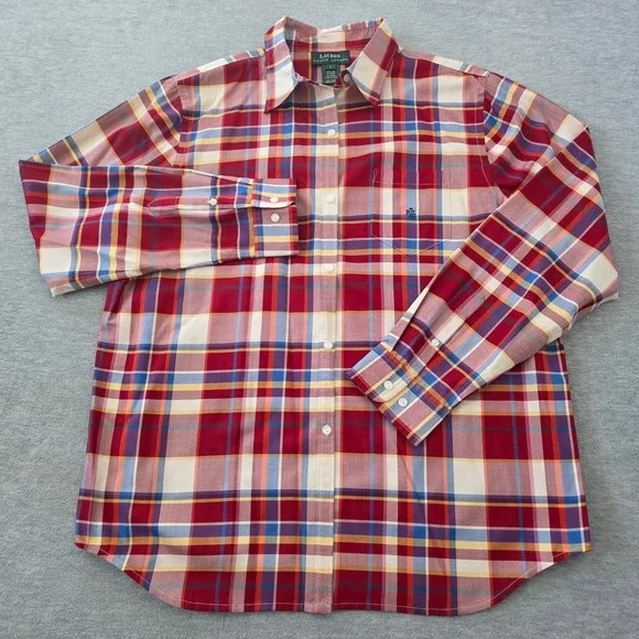 Lauren Ralph Lauren Womens Red Multi Plaid 100% Silk Button Down Shirt Large - Picture 2 of 8